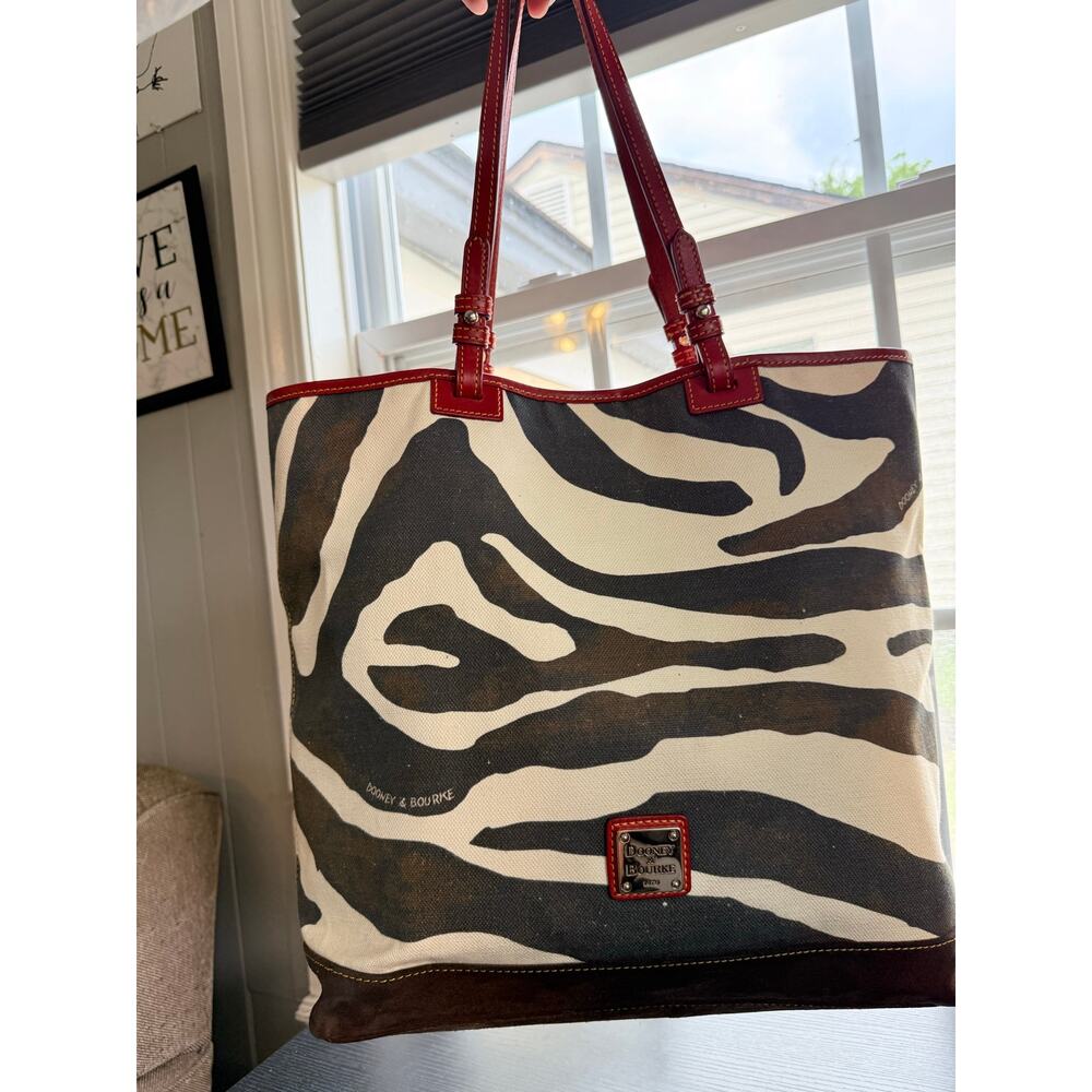 Dooney & Bourke Zebra Print Canvas Leather Tote Bag Large Shopper Red Brown